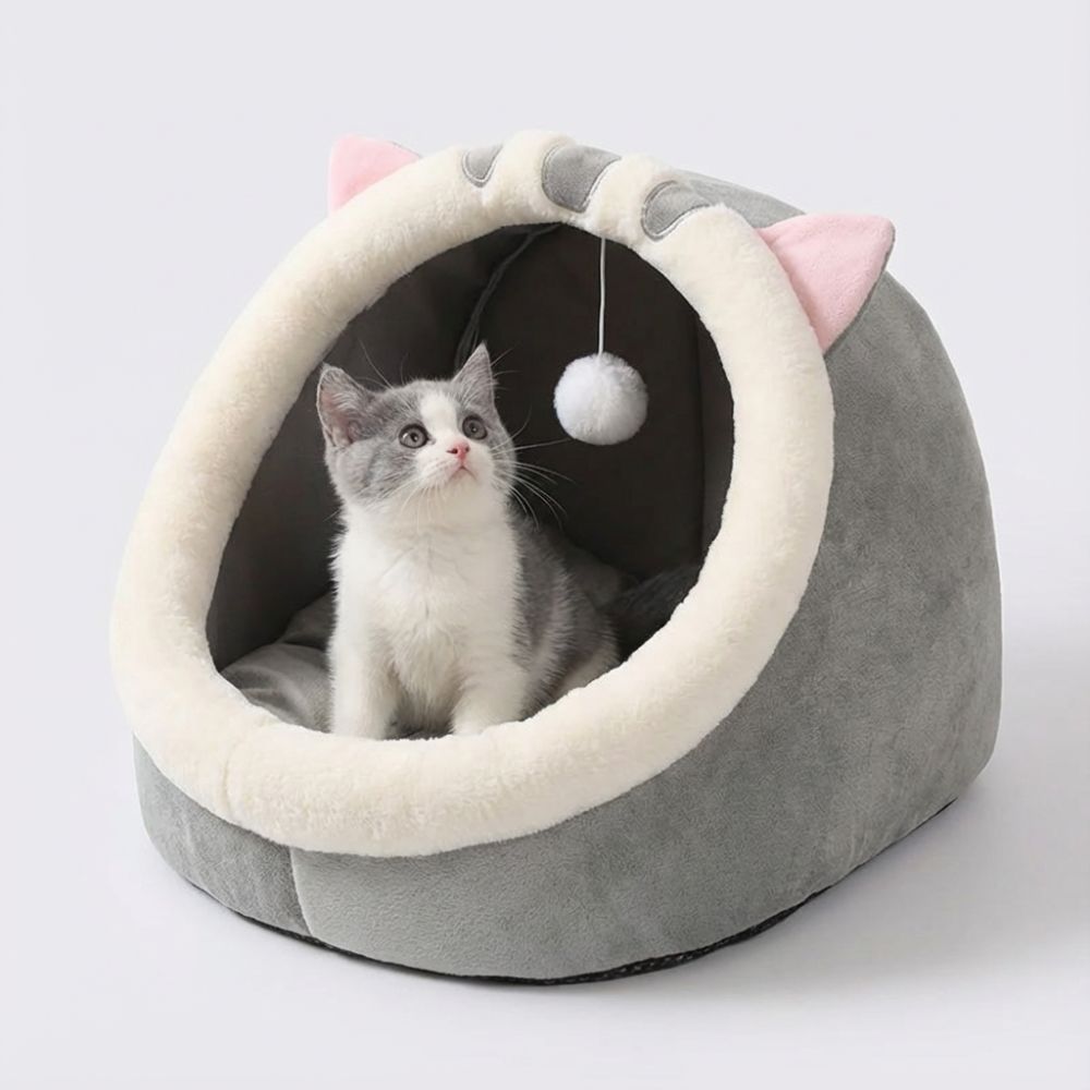 CozySleep Cave | Katzenbett mit Plüsch und Spielball