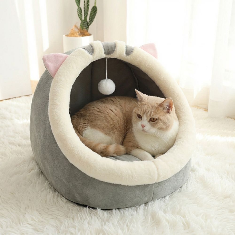 CozySleep Cave | Katzenbett mit Plüsch und Spielball