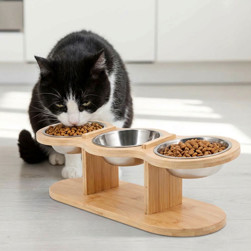 TriBowl Holz | Erhöhter Katzennapf 3-in-1